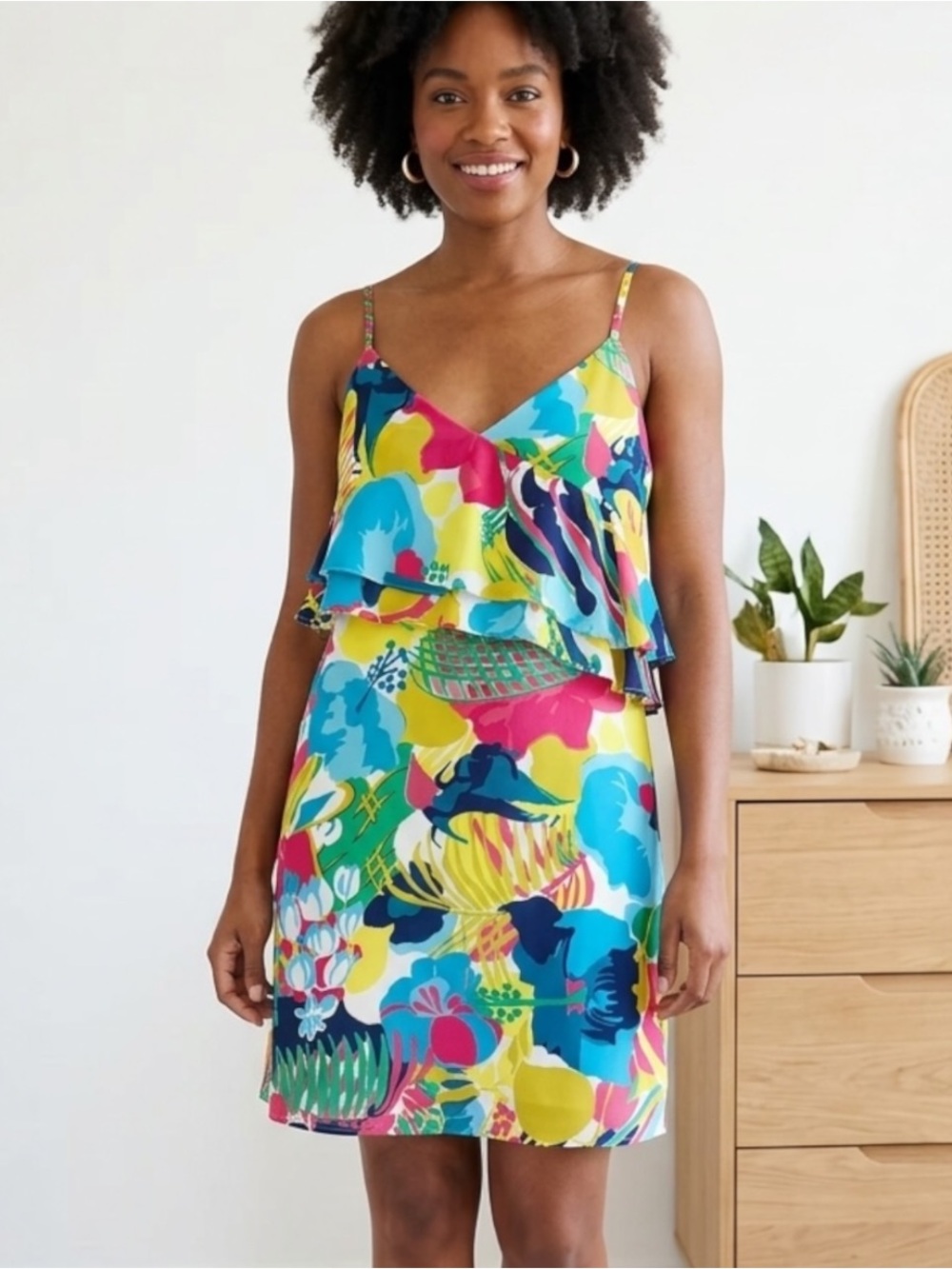 J.Crew Tropical Floral Ruffle Mini Dress Size 4 Spaghetti Strap Bodycon